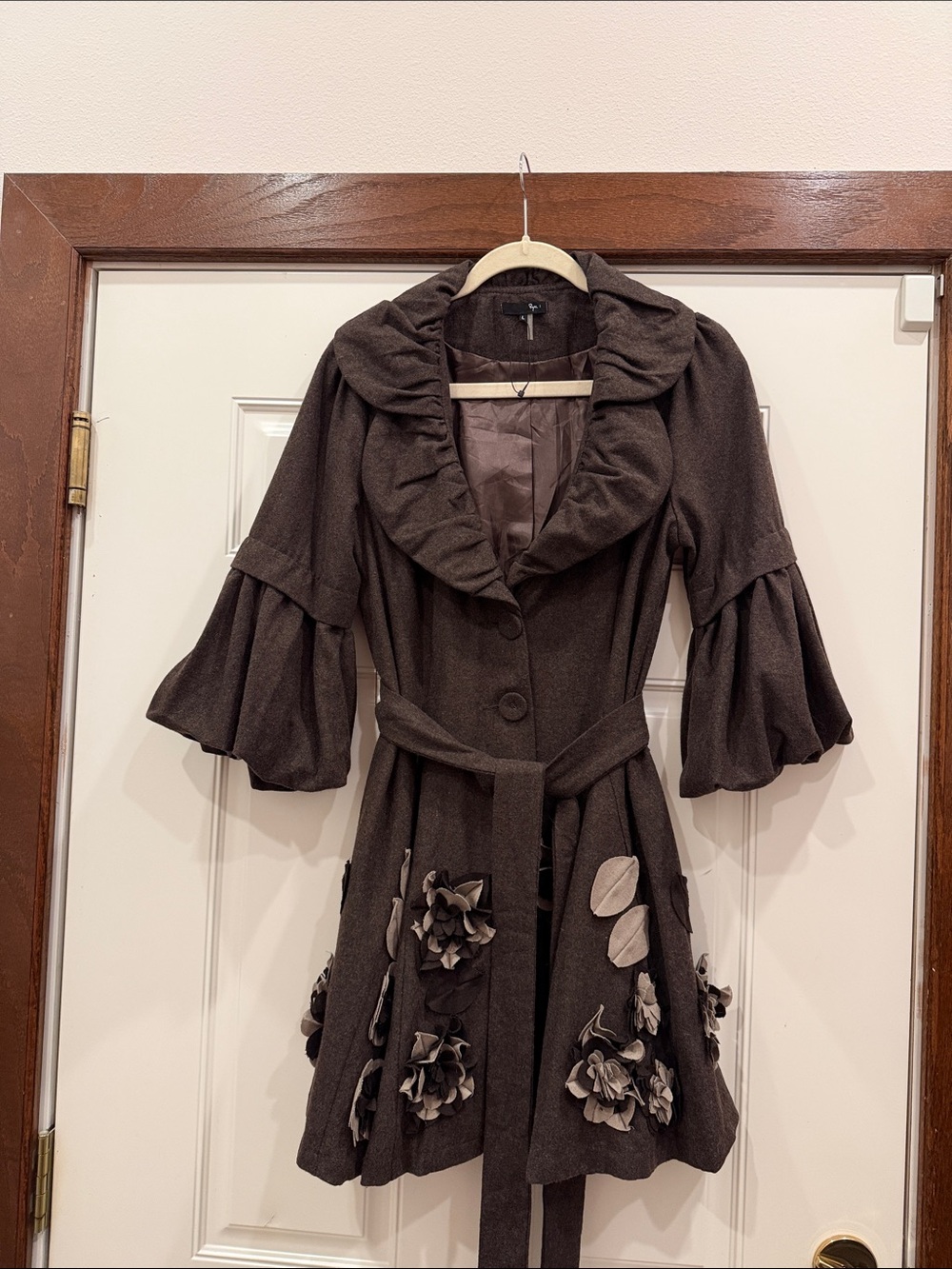 Anthropologie RYU Dark Brown Ruffle Floral Belted Coat